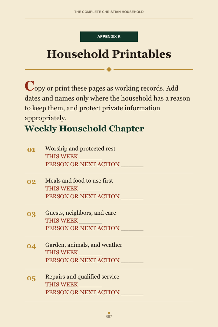 Printable weekly household chapter worksheet